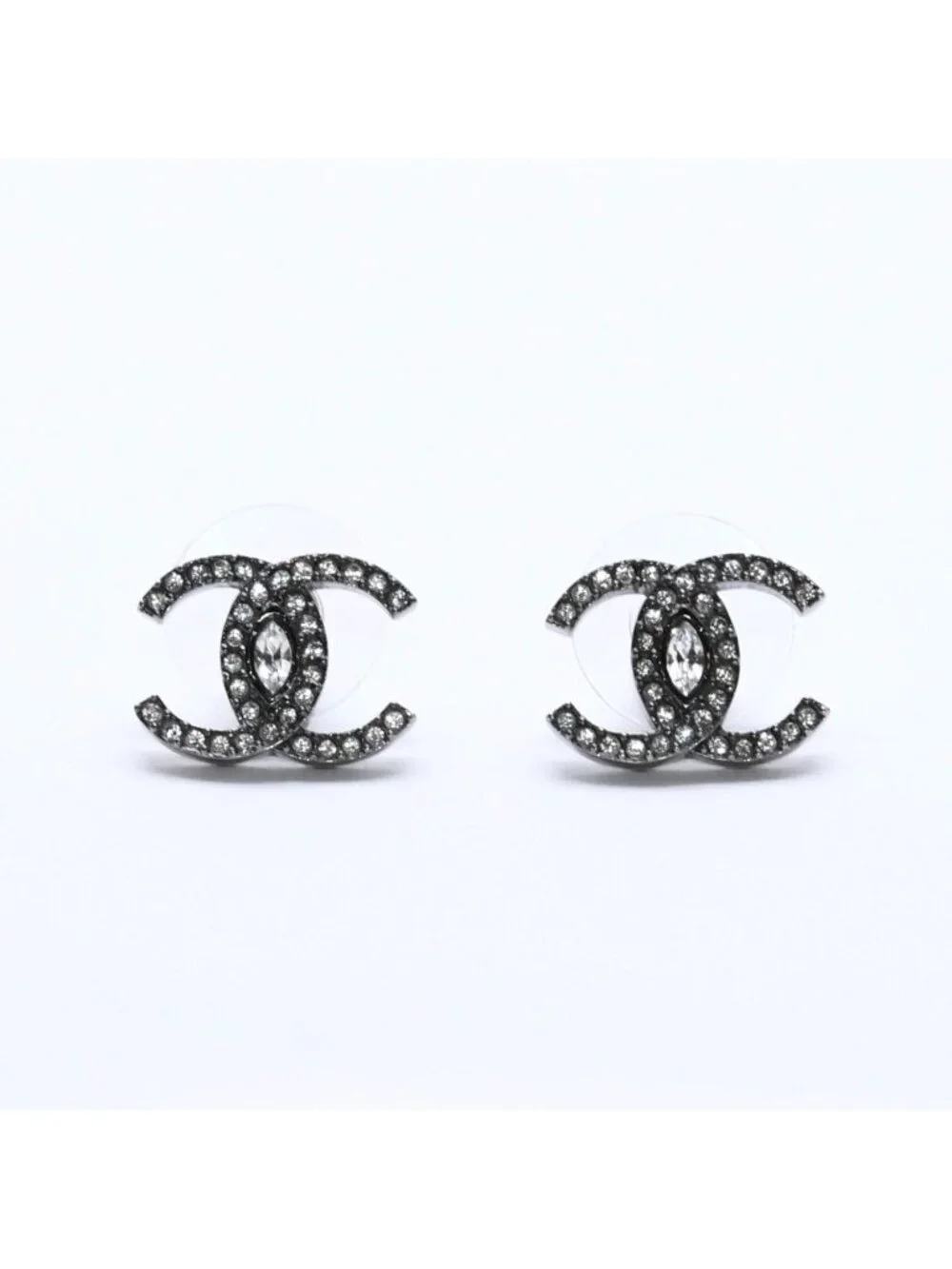 Chanel CC Logo Earrings 21 Rhinestone Metal Gunmetal Clear
